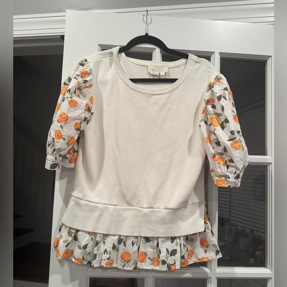 Cream Puff-Sleeve Top with Orange Blossom Print - Picture 2 of 7